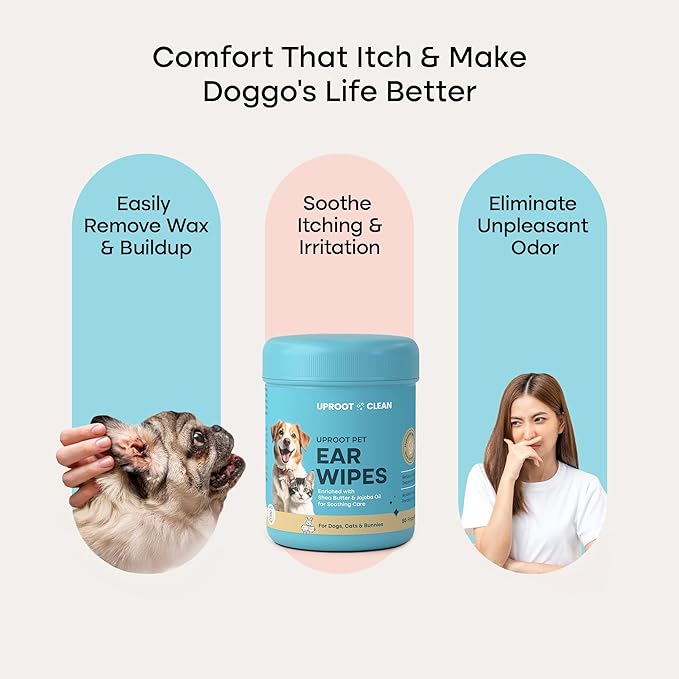 Uproot Clean Cat & Dog Ear Cleaner Finger Wipes (50ct.): Disposable Dog Ear Wipes Enriched with Shea Butter & Jojoba Oil - Cleaner Removing Wax Build Up, Help with Odor Discomfort