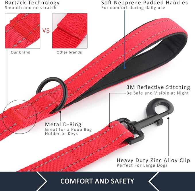 Plutus Pet Double Handle Dog Leash 4ft, Heavy Duty, Reflective Dual Handle Dog Leash for Safety Training, for Medium Large Dogs,2 Handle Leads(Red)