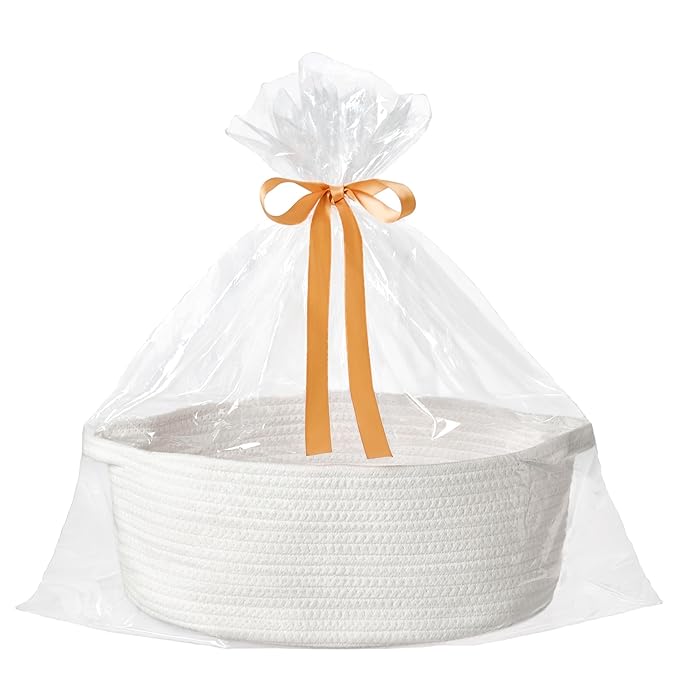 Small Woven Gift Basket Empty with Bag & Ribbon - Gifts for Mom, Baby Shower, Birthdays & Raffle - Cotton Rope Storage Basket for Dog Toys or Shelf - 13.4"x10"x5.5", Large, White
