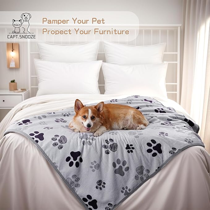 CAPT.SNOOZE Waterproof Dog Blankets Pet Blanket 50"x60", Soft Fluffy Sofa Car Bed Protector, Reversible Sherpa Fleece Dog Blanket for Large Dogs (Light Grey-Paws)