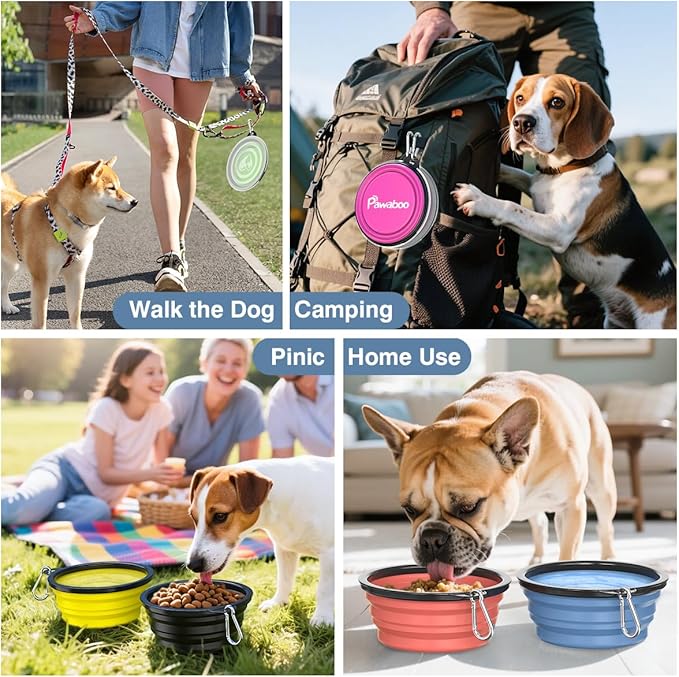 Pawaboo Collapsible Dog Bowls 2 Pack, Silicone Feeding Watering Bowls with Lids & Carabiners for Dogs Cats, Portable Water Feeder Food Bowl for Walking Traveling Home Use, 1000ml, Light Pink + Blue