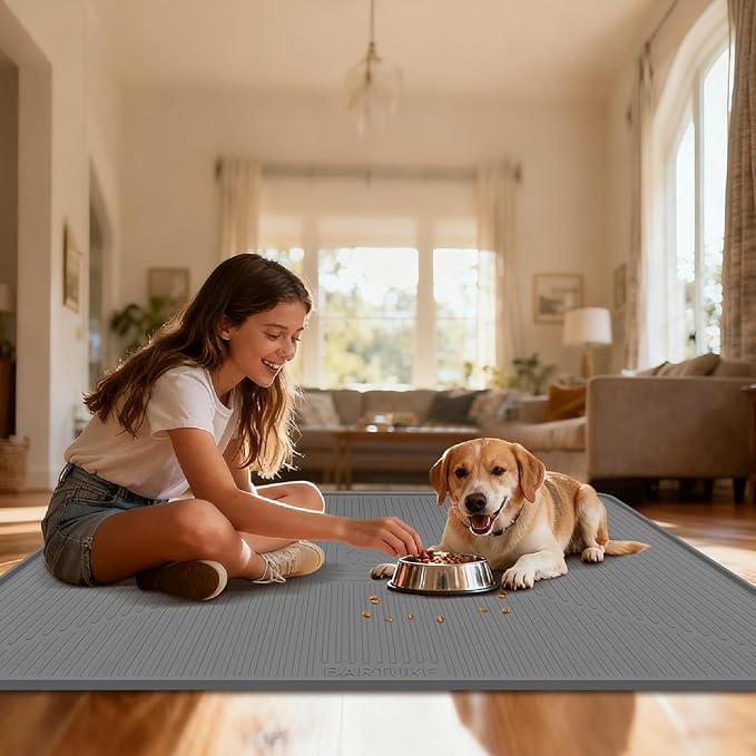 Lorvain Dog Food Mat, 45" x 30" Silicone Pet Feeding Mat with Raised Edges, Extra Large Pet Placemat for Dog Cat Food and Water Bowl Non-Slip, Easy to Clean, Waterproof & Floor Protection, Dark Grey