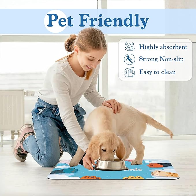 Cat Paw Pet Feeding Mat–Quick Dry Absorbent Dog Cat Food Mat, Non Slip Waterproof Bowl Placemat for Messy Eaters, Pet Accessories for Floors 12"x20"