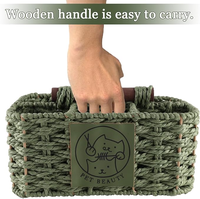 Dog Grooming Organizer,5 Compartments Caddy for Dog Cat Supplies,Handwoven Paper Rope Organizer with Handle,Ideal for Pet Shampoo,Trimmer,Clipper,Combo,Brush-Green
