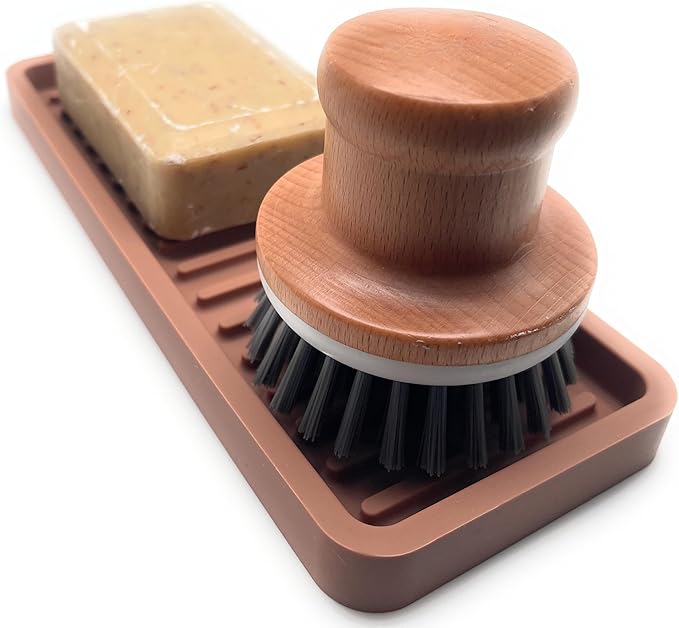 Happitasa Silicone Kitchen Sink Organizer Tray, Sponge Holder and Countertop Protector | Bathroom and Kitchen Soap Dish and Dispenser Tray (Mocha, 9"x3.5")