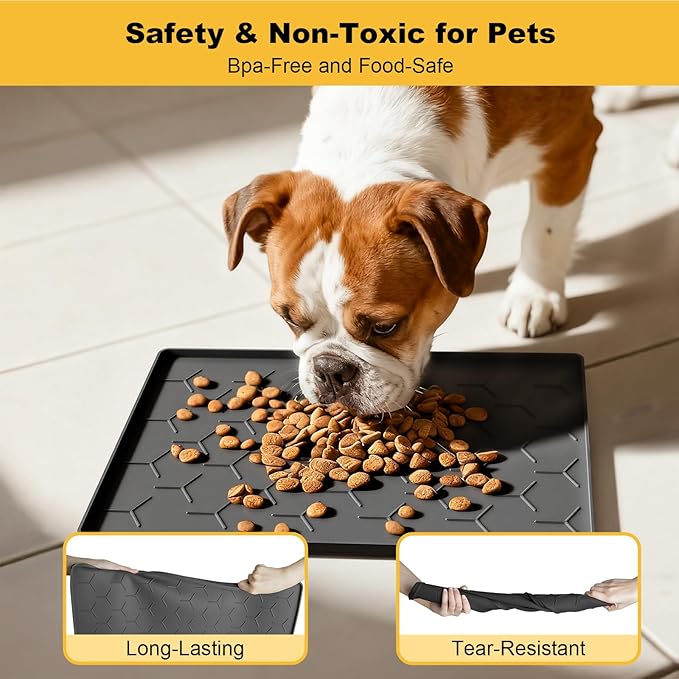 Pieviev Dog Cat Food Bowl Mat, Silicone Waterproof Food Grade Pet Food Mat for Floor, High Raised Edge to Prevent Spills, Non-Slip & Easy Clean Pet Placemat for Dog & Cat Bowls, 16''x12'', Dark Gray