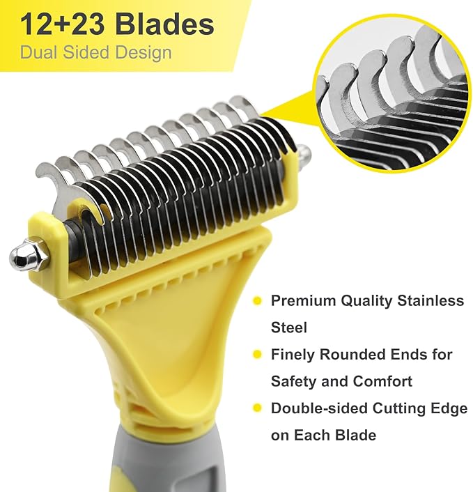 Tessenyh Professional Dog Brush for Shedding, Undercoat Rake for Medium and Long Haired & Double Coated Dogs, Double Sided Design with 12+23 Blades