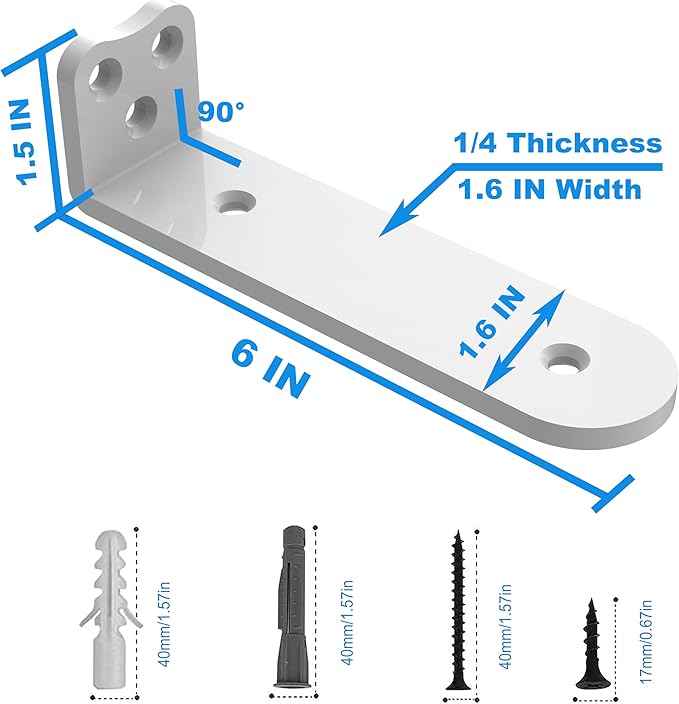 Eurydice Heavy Duty Floating Shelf Brackets, 1/4 inch Thick L Brackets, (6 In 6 Pack White), Holds 200 lb, Rounded Arc Edge, One-Piece, 3 Hole Mounting For Wood Shelves in Kitchen, Garage, Office, DIY