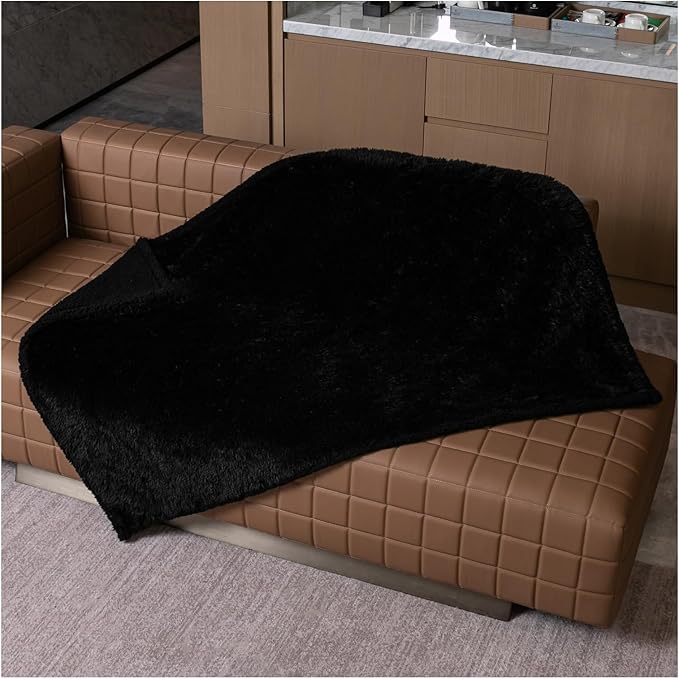 Wowchine Waterproof Dog Blanket Black Calming Dogs Fluffy Long Faux Fur Pet Throw Blankets for Couch Protector Love Puppy Cat Bed Cover Washable(Black,XL-85x57in)