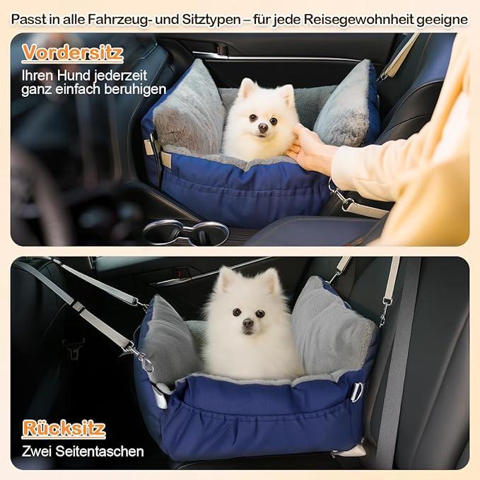 Dog Car Seat for Small Dogs with Extension Zone, Portable Washable Travel Bed for Pets up to 30 lbs, Booster Seat for Front Seat & Camping, Includes Harness Clip – Blue