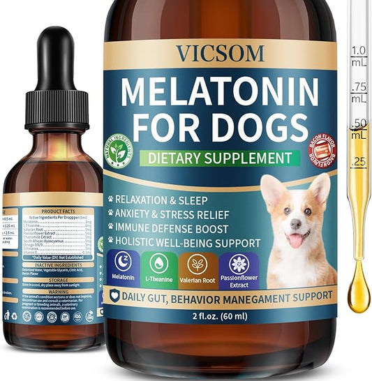 Liquid Melatonin for Dogs, Dog Melatonin with L-Theanine for Small Medium Large Dog Sleep Aid, Stress & Anxiety Relief, Calm Aid for Dogs Puppies, Support Relaxation & Deep Sleep, 60ml