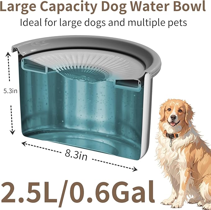 2.5L Dog Water Bowl 101oz Stainless Steel Water Bowls for Dogs No Splash Pet Water Dispenser with Non-Slip Base for Dogs and Cats