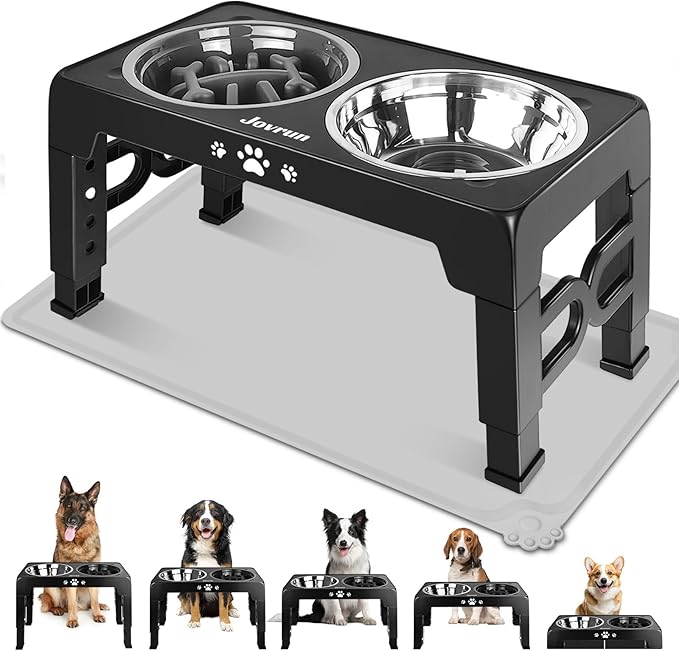 Jovrun Elevated Dog Bowls, Dog Feeder with Stainless Steel Dishes & Slow Feeder Bowl, 5 Heights Adjustable Raised Stand for Medium Large, Food Dishes with Non-Slip Feet