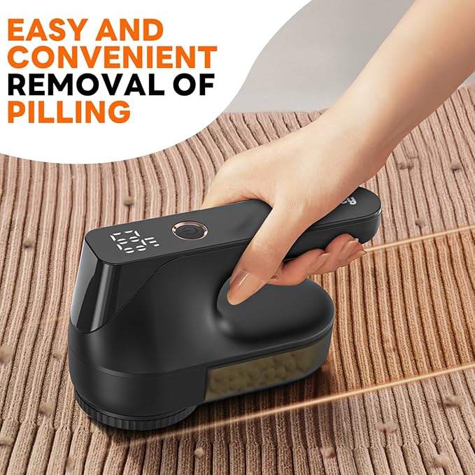 Fabric Shaver - Ziitty Lint Remover for Clothes, Sweater Defuzzer with LCD Display, 3-Speeds, 6-Blade, Type-C Rechargeable, Sweater Shaver to Remove Pilling Fuzz Lint Balls Pills for Clothes Furniture