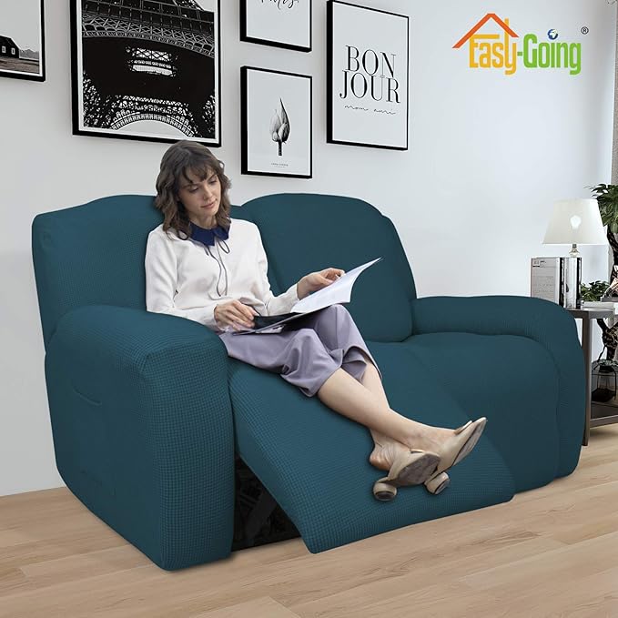 Easy-Going 6 Pieces Recliner Loveseat Stretch Sofa Slipcover Sofa Cover Furniture Protector Couch Soft with Elastic Bottom Kids, Spandex Jacquard Fabric Small Checks Deep Teal