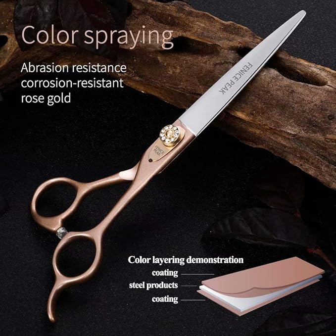 Fenice Peak 7'' Dog Straight Scissors for Grooming 440C Stainless Steel Rose Gold Professional Pet Trimming Scissors Sharp Blades Cutting for Dogs and Cats Shears