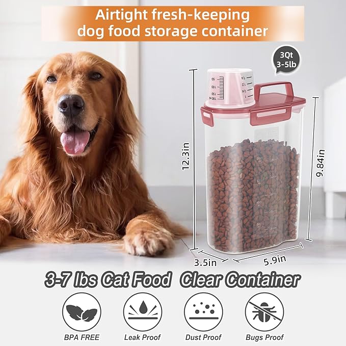 LEAWALK 3-5Lbs Small Cat Dog Food Storage Containers BPA Free, Airtight Pet Food Storage Containers with Large Pour Spout/1 Measuring Cup/ 4 Safety Locks and double-layer silicone strip (Clear PInk&1)