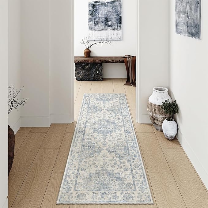 2x5 Washable Neutral Runner Rug Blue Vintage Hallway Kitchen Carpet Non-Slip Soft Low Pile Farmhouse Throw Rug for Bedroom Bathroom Laundry Living Room