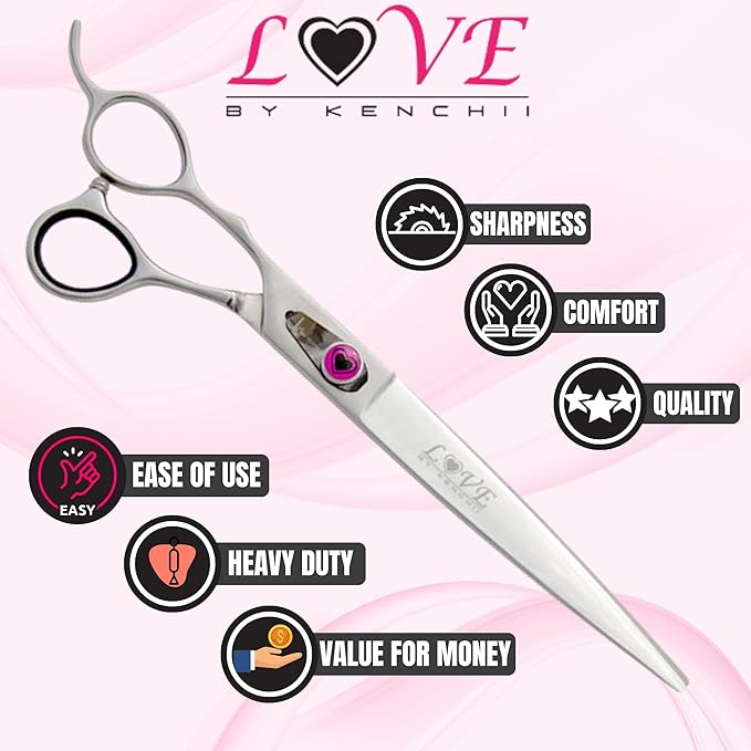 Kenchii Love Left Handed Dog Grooming Scissors, 8 Inch Straight Shears, Dog Scissors for Grooming, Professional Pet Grooming Scissors, Ergonomic & Comfortable