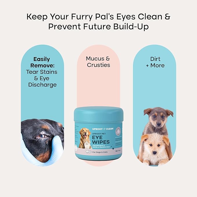 Uproot Clean Cat & Dog Eye Wipes: Hypoallergenic Eye Wipes for Dogs (100ct.) - Gentle & Cleansing Tear Stain Remover for Dogs - Reduce Discharge, Tear Stain Deep Clean Wrinkles Cats