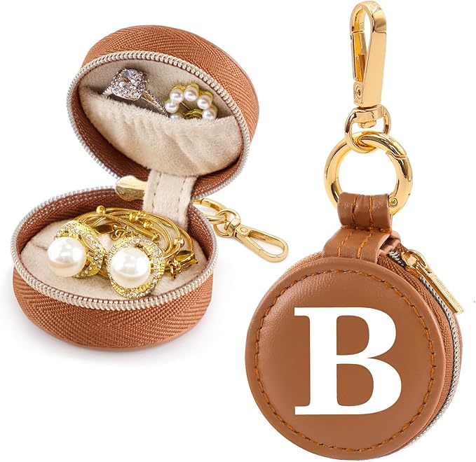 Mini Initial Travel Jewelry Case Ring Holder, Brown Faux Leather Small Jewelry Organizer Box Gifts for Women Girls Nurse Teacher, Gym Travel Accessories Keychain Pouch for Earrings Rings Necklace B