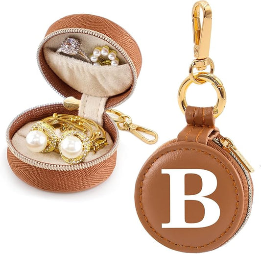 Mini Initial Travel Jewelry Case Ring Holder, Brown Faux Leather Small Jewelry Organizer Box Gifts for Women Girls Nurse Teacher, Gym Travel Accessories Keychain Pouch for Earrings Rings Necklace B
