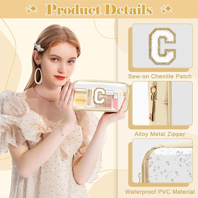 Personalized Initial Letter Clear Makeup Bag,Preppy Small Nylon&PVC Cosmetic Zipper Bag with Chenille Letter,Portable Beach Travel Skincare Toiletry Bag,Trendy Monogram Gift for Teen Girls Women,C