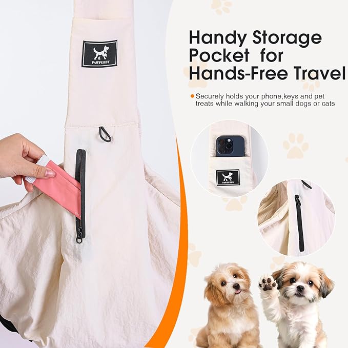 Pet Sling Carrier for Small Dogs and Cats 5-20lbs, Dog Sling with Adjustable Depth, Breathable Air Mesh Puppy Travel Bag, Water Resistant Fabric, Double Safety Leash, Machine Washable,Apricot
