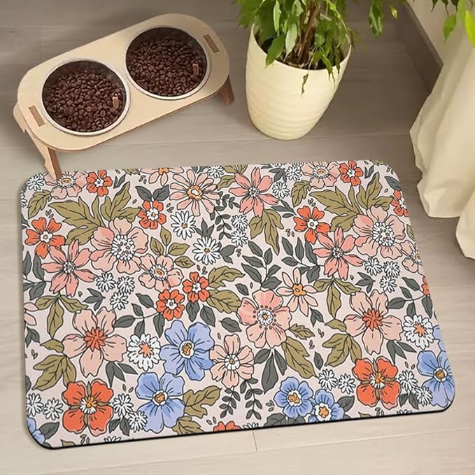 Dog Food Mats for Floors Waterproof, Cat Water Bowl Mats Pet Feeding Absorbent Placemats Flower 16 * 24 inch