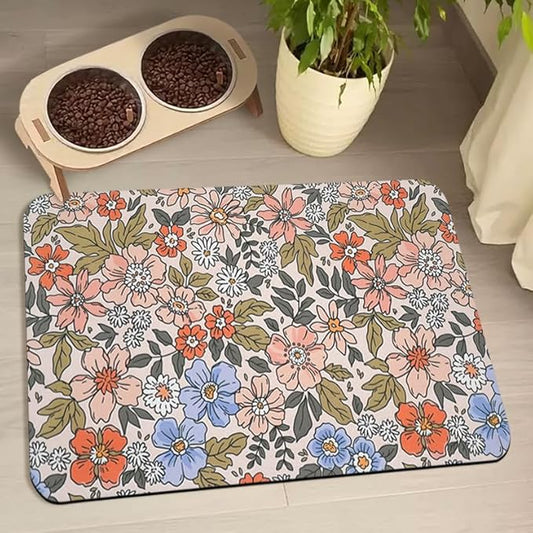 Dog Food Mats for Floors Waterproof, Cat Water Bowl Mats Pet Feeding Absorbent Placemats Flower 17 * 30 inch