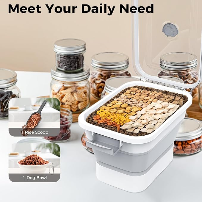DDMOMMY 10-13 Lbs Dog Food Storage Container,Collapsible Dog Food Container with Transparent Airtight Lid,Pet Food Scoop and Dog Bowl,Multifunctional Food Storage Container for Pet Food,Rice,Flour