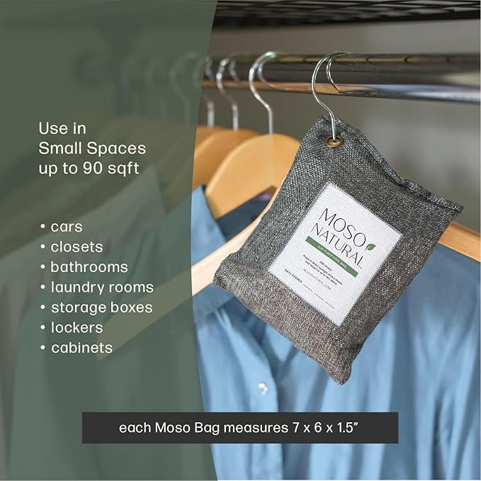 Moso Natural Air Purifying Bag 200g (4 Pack) | Premium Bamboo Charcoal Odor Absorber for Home & Car | Closet Odor Eliminator, Small Room Deodorizer & Car Air Freshener | Long Lasting Charcoal Bags