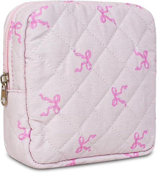 Small Floral Quilted Makeup Bag, Coquette Aesthetic Travel Toiletry Organizer for Women, Lightweight Cotton Cosmetic Pouch