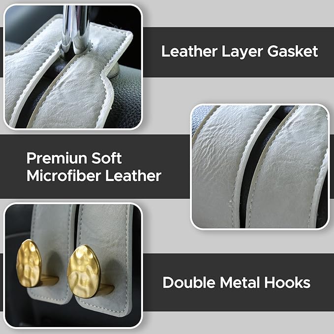 4 PCS Leather Car Seat Hooks for Headrest, Vehicle Hanger Storage Organizer Universal for Handbag Purse, Car Accessories Gift (Grey-Gold-4 PCS)