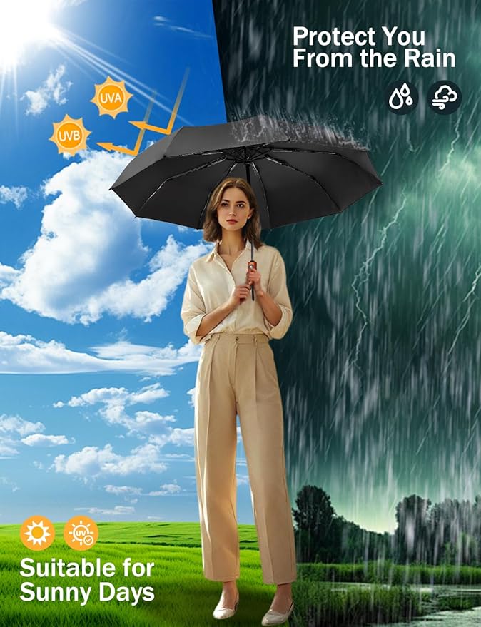 SoulRain Strong Windproof Travel Umbrella with Wooden Handle, Automatic Open Close Compact Folding for Rain & Sun UV Protection, Lightweight Durable Portable for Car, Backpack, Women & Men