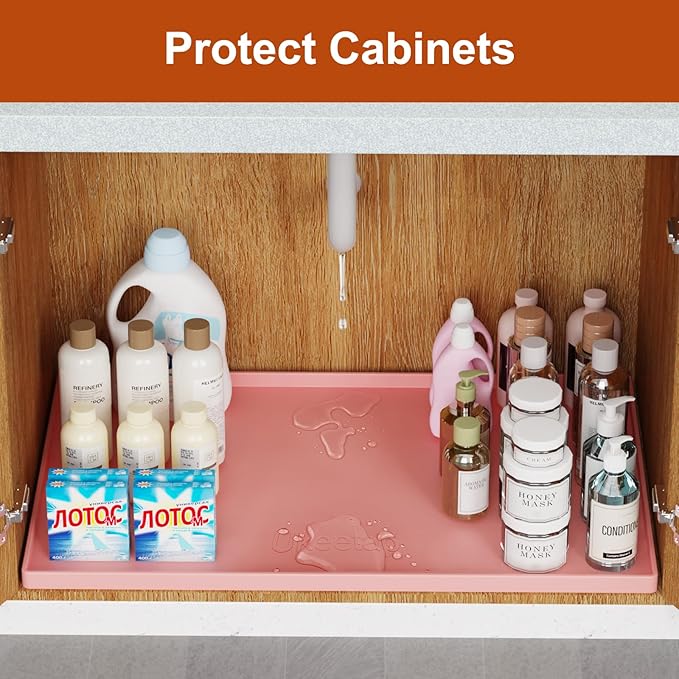 Extra Thick Silicone Mat Waterproof with Raised Edge 22" x 19", Under Sink Mat for Kitchen & Bathroom, Kitchen Cabinet Liner, Multi-Purpose for Storage & Protection, Pink