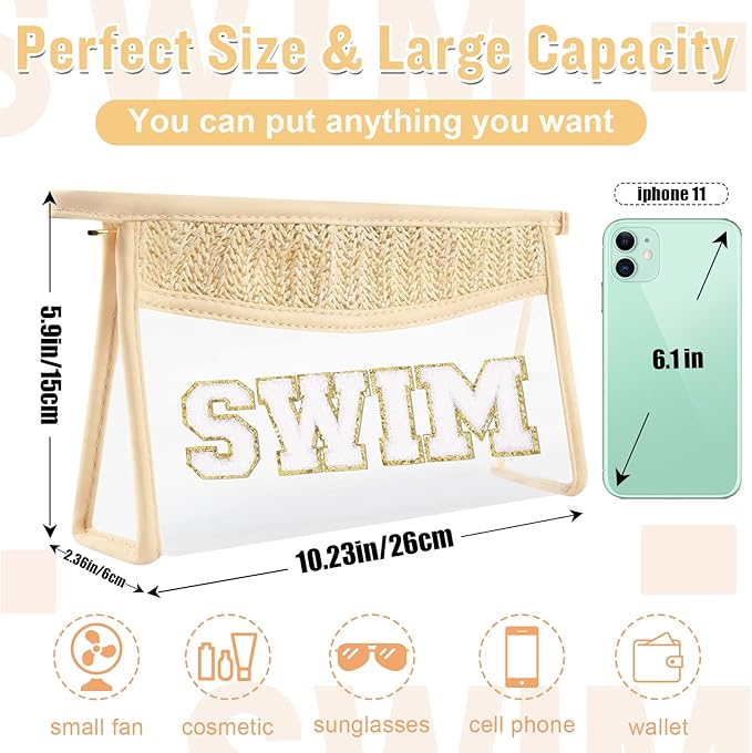 Clear Makeup Letter Patch Makeup Bag SWIM Pouch, Boho Clear Toiletry Bags Travel Small Cute Preppy Letter Cosmetic Zipper Pouch Purse, Transparent Waterproof Glitter Beach Make Up Bag for Women(SWIM)