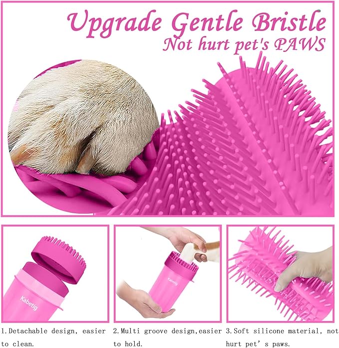 Kabetig Quick Clean Dog Paw Cleaner 5-in-1 Kit, Pink (Medium) - No Full Bath Needed, Post-Walk Paw Clean - with Silicone Bath Brush, 3 Microfiber Towels - Fits Corgi 1.2-2.5 In (3.05-6.35 cm)