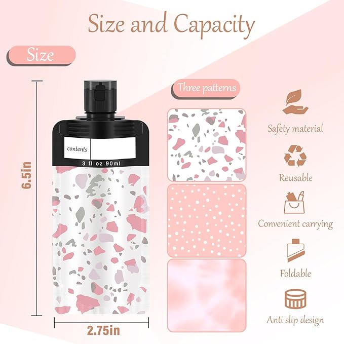 18 Pack Travel Pouches for Toiletries, TSA Approved Travel Pouches for Liquids,Travel Shampoo and Conditioner Pouches,Leak Proof 3oz Travel Squeeze Pouches(Pink)