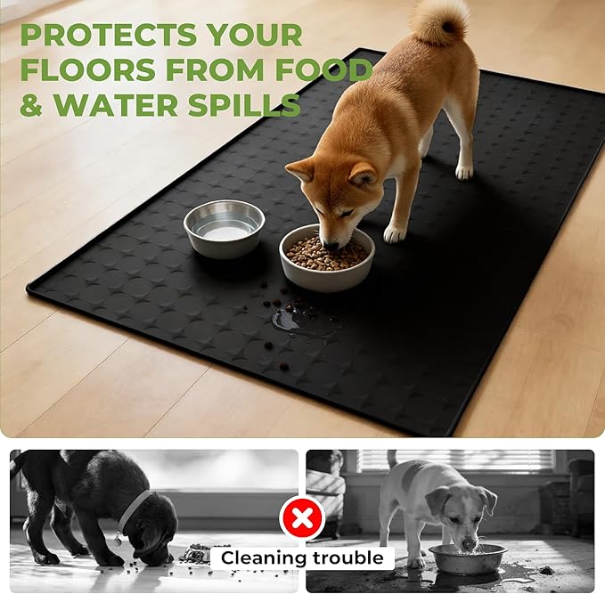 Extra Large 34x22 Inch Machine Washable Silicone Pet Food Mat - Waterproof Dog & Cat Bowl Mat with Raised Edge, Non-Slip Floor Protector for Large Dogs, Multi-Pet Homes (Black)