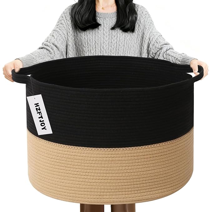 90L Large Blanket Basket,21.7"L x 21.7"W x 13.8"H Rope Woven Baskets with Handles, Toys Storage Bins,Laundry Basket Perfect for Living Room, Nursery,Bedroom,Home Organization,Black&Camel