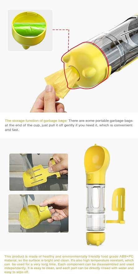 Upgraded Dog Water Bottle,Multifunction with Detachable Food Container and Poop Bags Dispenser,External Trash Shovel,Leakproof,Pet Travel,Outdoor Activity Necessities,Yellow(10.56fl oz)
