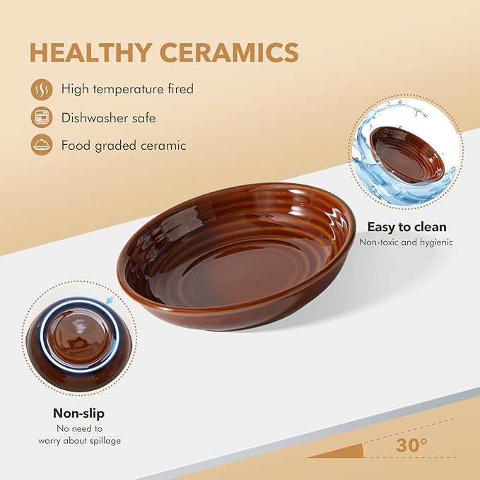 2 Sets of Elevated Ceramic Cat Dish, Wide Whisker Friendly Anti-Slip Food & Water Bowl with 2 Heights Adjustable Stands - Pet Bowl Set for Cats (2 Dishes +2 Stands, Caramel Brown)