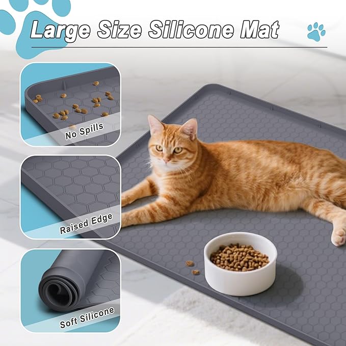 TIMOHCR Cat Litter Mat 34" X 22", Cat Litter Box Mats Waterproof Silicone Pad for Floor Pee Pad Tray Holder with Complimentary 6 Clamps