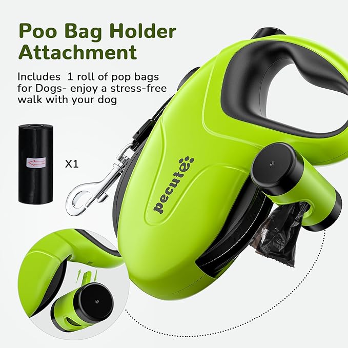 Pecute 32ft Retractable Dog Leash with Poo Bag Holder, Chew Proof Dog Leash with 360° Tangle-Free Extended, Anti-Slip Handle & Quick Brake Button, Suitable for Dogs Up to 66lbs in Weight