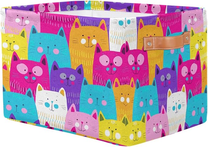 Cute Cats Colorful Storage Bins Cubes Collapsible Fabric Storage Baskets Toy Organizer with Handles for Book Office Shelf Shelves