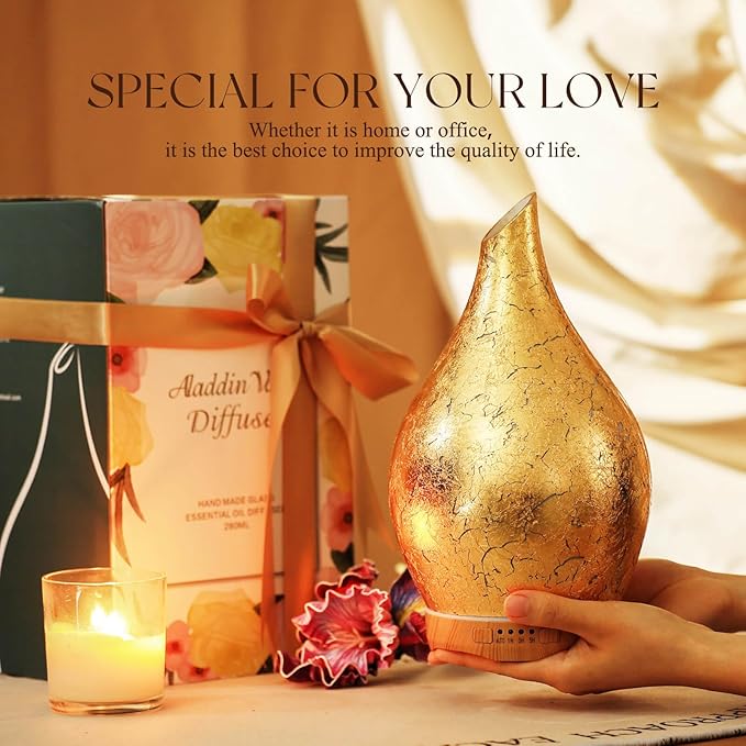 Porseme 280ml Essential Oil Diffuser, 3D Glass Aromatherapy Diffusor, Ultrasonic Cool Mist BPA Free Aroma Humidifier with Timer and Color Changing Function, Waterless Shut-Off for Home Office Room