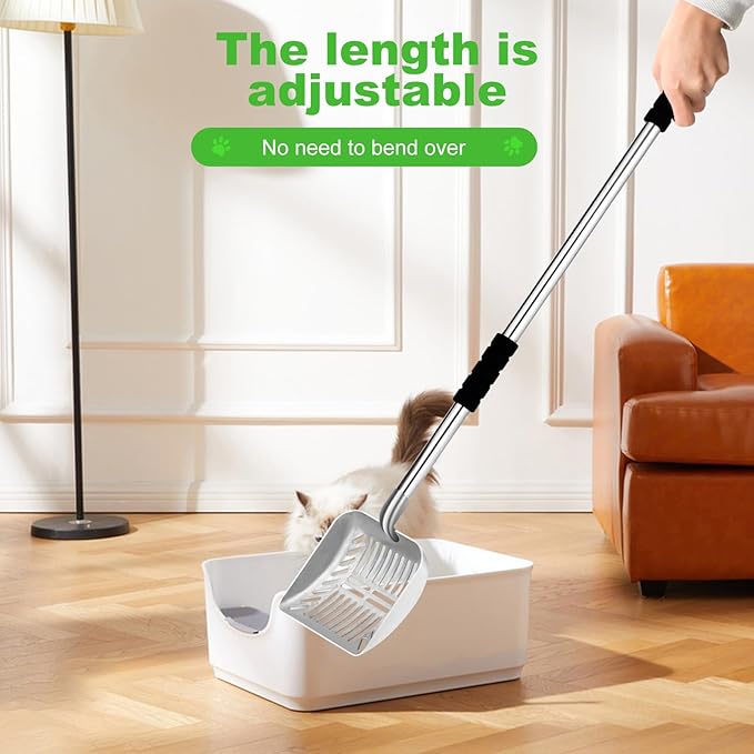 Metal Cat Scoop, Removable Litter Scoop, Long Handle Cat Scoop, Adjustable Length Up to 31.5 Inches, 2-in-1 Pet Scoop, Deep Scoop and Fine Hole Scoop, Foam Padded Handle, Cat Poop Scoop for All Cats
