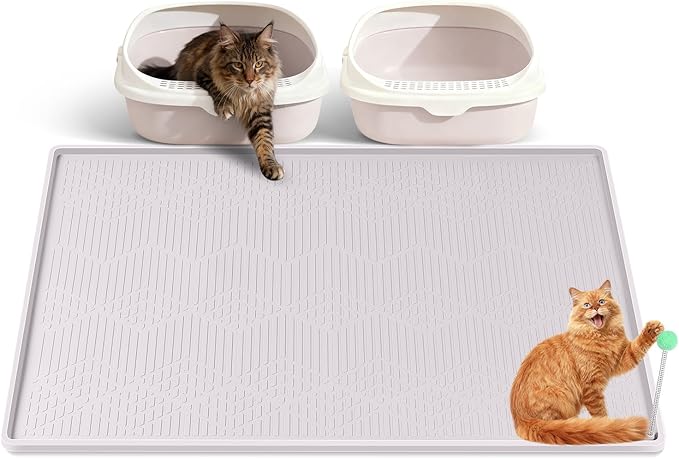 Bartuke Large Cat Litter Mat with Toy Ball, 38'' x 25'' Silicone Cat Litter Trapping Mat for Scatter Control, Soft on Kitty Paws, Easy to Clean (White)