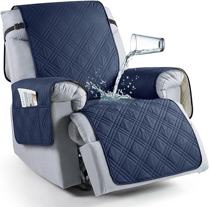 TAOCOCO Waterproof Recliner Chair Covers 30 Inch Wide, Oversized Recliner Covers for Recliner Chair with Pocket, Recliner Slipcovers with Straps Furniture Protector for Kids Pets (30'', Navy Blue)